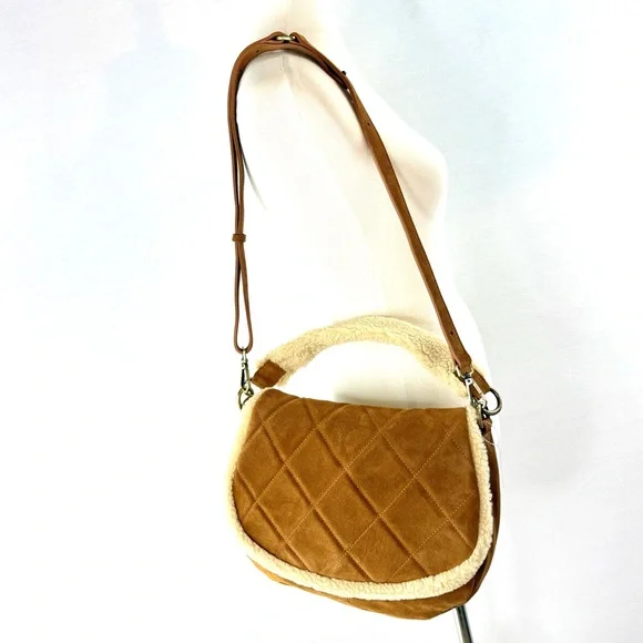SUNDANCE Tan Suede Leather Quilted Shearling Lined Shoulder Bag NWOT - Picture 7 of 13